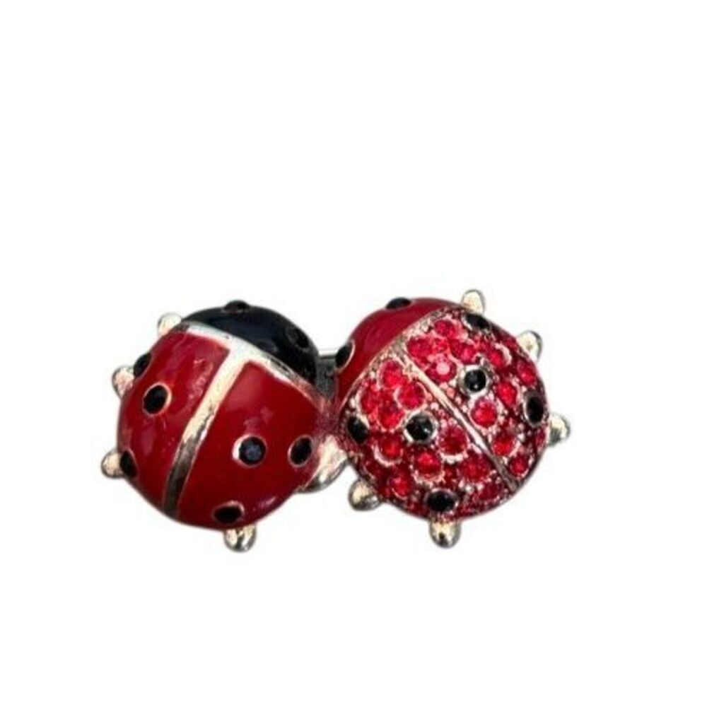 Double Ladybug Brooch Red Enamel Rhinestone Silver Tone Pin